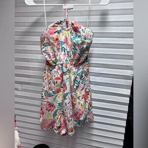 white, multi-color floral print halter-neck romper,  Size M